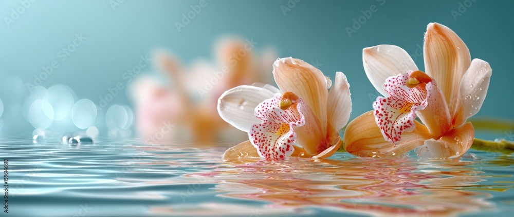 Poster beautiful delicate orchids blooming on water surface with soft background creating a tranquil and pe