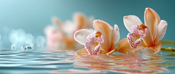 Plakat Beautiful delicate orchids blooming on water surface with soft background creating a tranquil and peaceful nature scene for relaxation