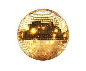 A golden disco ball sparkles and reflects light, isolated on transparent background, creating a festive and glamorous atmosphere