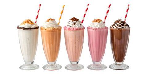 Five delicious milkshakes in tall glasses with whipped cream and straws