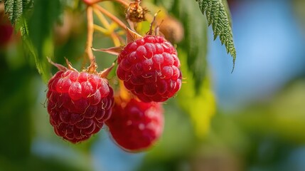 Delicious ripe red raspberries hanging on green leafy plant in bright sunlight with blurred background in the garden