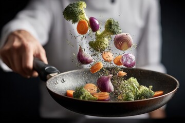 Vibrant fresh vegetables including broccoli carrots cauliflower red onions and purple radishes being tossed in a black frying pan by a chef in a professional kitchen setting