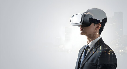Businessman wearing VR headset, experiencing immersive virtual reality cityscape, innovative technology future, digital transformation, modern business.