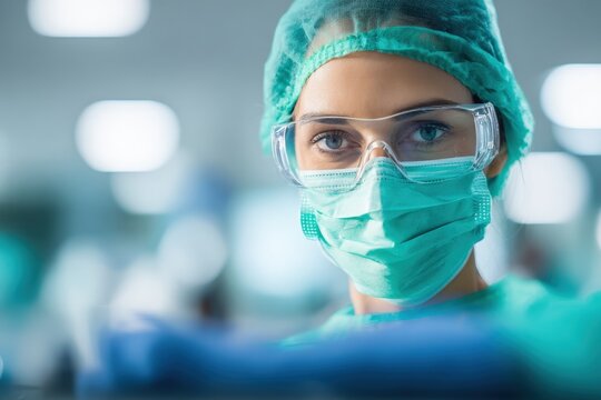 Female healthcare professional in surgical mask and protective glasses in operation room with blurred background