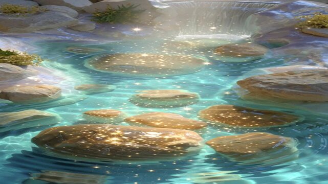 a sacred spring surrounded by soft glowing stones water shimmering in calm aqua-blue hues acbcd bc light peach and cream reflections on the surface fcc fffd gentle ripples and mist rising from the