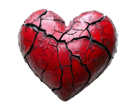 A shattered red heart with visible cracks symbolizes heartbreak and emotional pain, isolated on transparent background