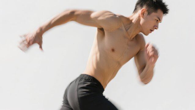 A shirtless man in black shorts is sprinting, showcasing his muscular build and intense focus against a plain background.