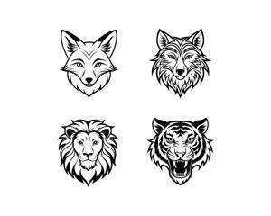Obraz premium Tiger, Lion, Wolf And Fox Head Vector Tribal Line Art Animal Faces for Tattoo, Logo, T-Shirt Editable And Print-Ready