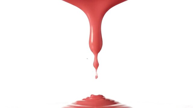 Red liquid possibly paint or glaze is being poured onto a white surface creating a visually dynamic flow - Powered by Adobe