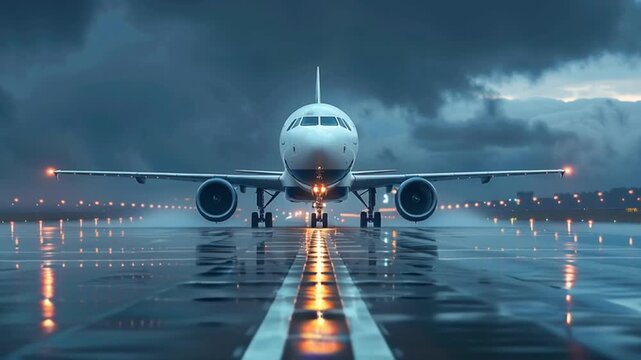 A commercial airliner freshly landed on a glistening runway under stormy twilight skies stands eerily still the airport surrounding it is subtly wrong outdated signs replaced unfamiliar logos empty