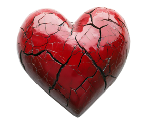 A fractured red heart, marred by cracks, represents the agony of heartbreak and emotional distress, isolated on transparent background
