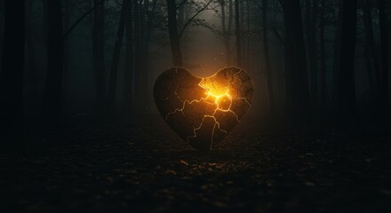 A glowing, cracked heart lies on a dark forest floor, radiating light in the eerie night surrounded by tall trees.