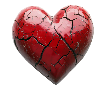 A fractured red heart, marred by cracks, represents the agony of heartbreak and emotional distress, isolated on transparent background
