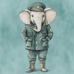 Whimsical officer animal with a full-body watercolor illustration of a proud elephant dressed in a detailed army officer uniform, jacket, boots, a military hat standing in a turquoise blue background 