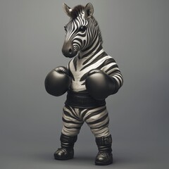 Realistic Boxing Animal with a zebra dressed a boxer professional and standing against a plain grey background with soft gradients. Pet influencer with boxing Zebra Fighter in full body, boxing zebra.