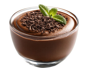 A delectable chocolate mousse, garnished with mint and chocolate shavings, sits invitingly in a glass bowl, isolated on transparent background