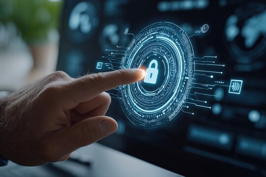 Close-up of a person's finger interacting with a futuristic digital security lock icon on a transparent touchscreen interface for protecting sensitive data and information
