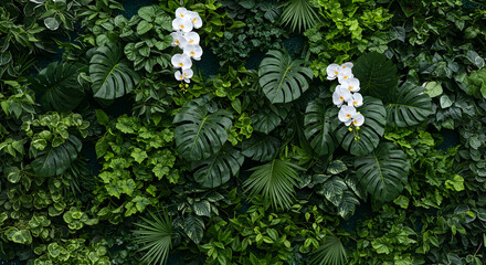 Lush green wall with vibrant tropical plants and elegant white orchids, perfect for a wedding or event backdrop, creating a serene and luxurious atmosphere.