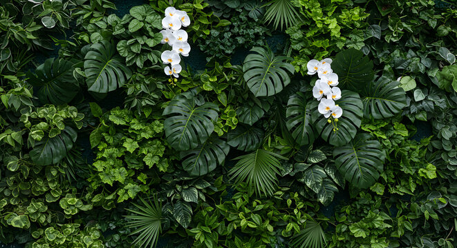 Lush green wall with vibrant tropical plants and elegant white orchids, perfect for a wedding or event backdrop, creating a serene and luxurious atmosphere.