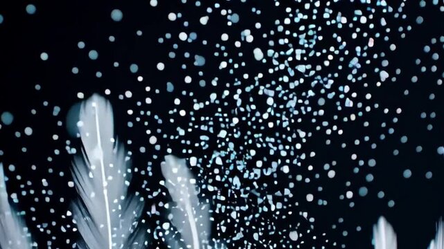 Soft white feathers floating gently with delicate dust particles and light creating dreamlike, airy, and elegant atmosphere on dark background - Powered by Adobe
