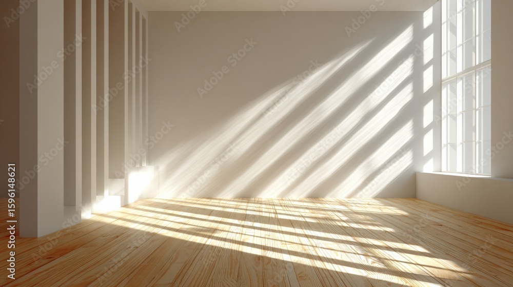 Aufkleber bright naturally lit empty room with sunlight streaming through large window and casting shadows on 