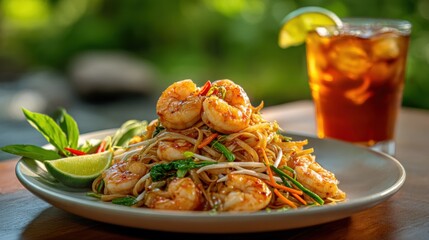 Delicious shrimp and vegetable stir-fry with noodles served on a white plate with lime and a glass of iced tea on a wooden table in a lush outdoor setting