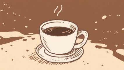 A stylized illustration of a steaming cup of coffee on a saucer, with a warm brown background and simple, sketch-like details.