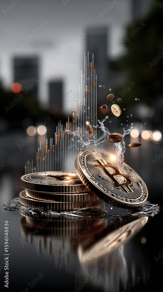 Poster digital cryptocurrency coins with bitcoin symbol stacking and flying in a dark reflective surface cr