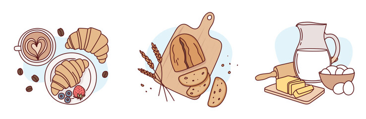 bread sliced on board, ingredients for bread, breakfast with croissant and coffee, hand drawn illustration in doodle style
