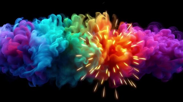 Vibrant cloud of colorful neon smoke with glowing sparks and dynamic swirling creating energetic vivid effects black background full of vibrant colors