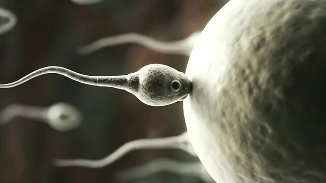 Sperm cell fertilizing egg microscopic view closeup
