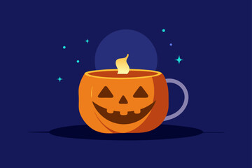 Glowing Pumpkin Cup in Haunted Attic Scene Vector Illustration