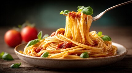Delicious Spaghetti Pasta with Tomato Sauce Fresh Basil and Olive Oil Served on a Ceramic Plate with Cherry Tomatoes and Green Herbs