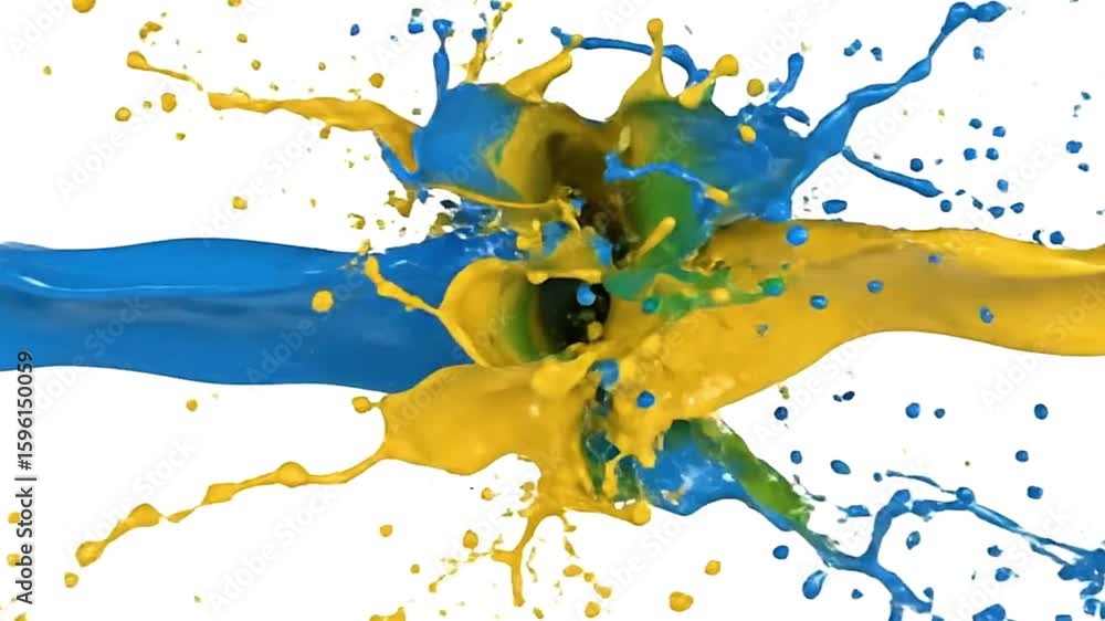 Poster striking collision of vibrant blue and yellow paint in midair creating dynamic splashes and droplets