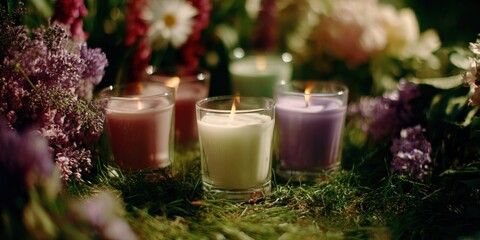 Beautiful arrangement of colorful scented candles glowing softly among vibrant fresh flowers and lush greenery in a cozy floral decor setting for ambiance