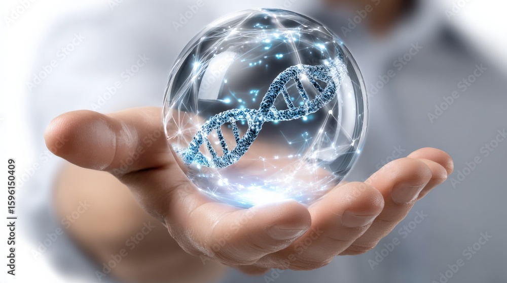 Poster futuristic digital hologram of a dna double helix structure glowing in a transparent sphere held abo