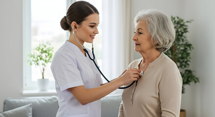Young nurse carefully using a stethoscope to check the heart of a senior woman at home providing quality healthcare.