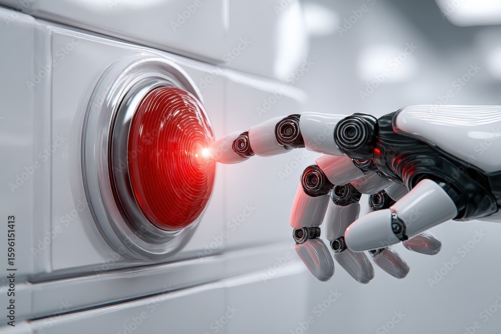 Aufkleber futuristic robotic hand pressing a bright red emergency stop button on a white control panel showcas