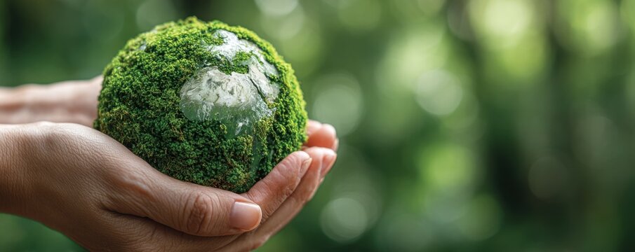 A pair of hands holding a moss-covered Earth against a blurred forest background, symbolizing ecology and environmental preservation for World Photography Day.