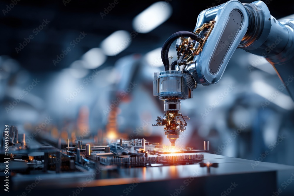 Poster advanced industrial robotic arm conducting precise electronic component assembly on a manufactu prod