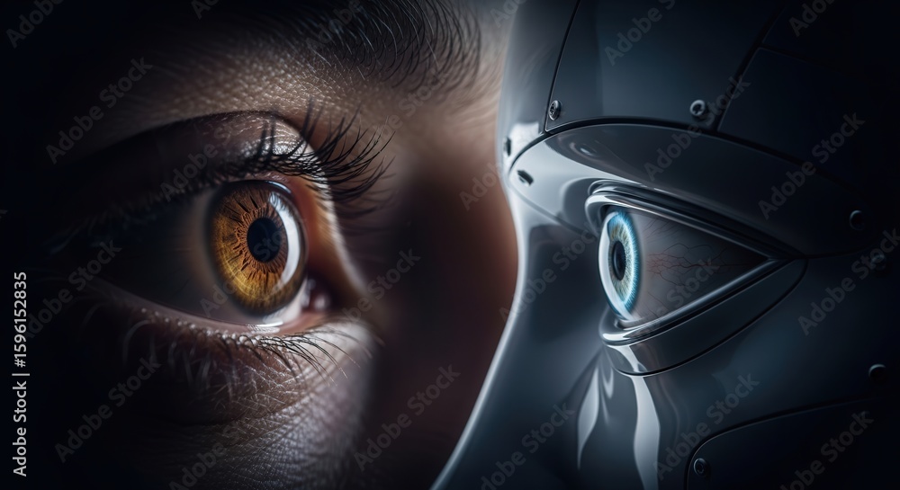 Poster human and robot eye close-up: exploring advanced technology and artificial intelligence