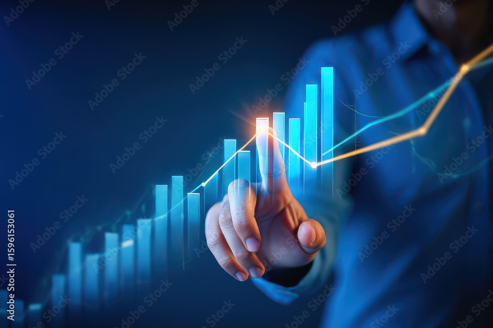 Poster man pointing at a blue bar graph with a yellow line overlayed on a dark blue gradient background