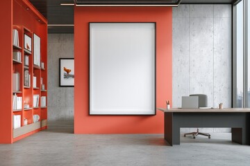 Modern Office Interior with Bright Red Wall and Large Whiteboard