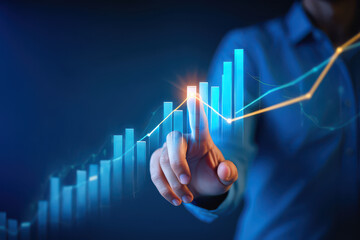 Man pointing at a blue bar graph with a yellow line overlayed on a dark blue gradient background