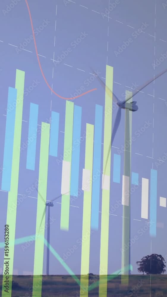 Poster wind turbines in landscape with financial data processing animation overlay