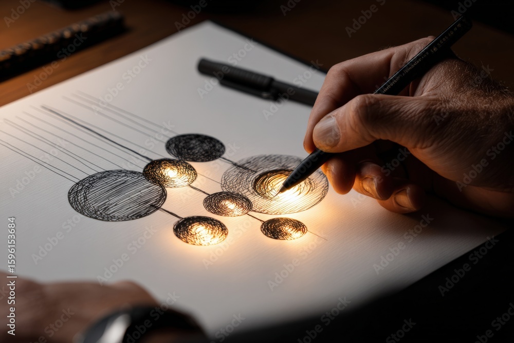 Poster close-up of a person's hand drawing interconnected glowing circles and lines using a pencil on white