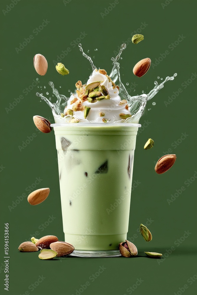 Poster refreshing mint flavored yogurt smoothie with floating nuts and ice cubes in a clear glass with spla