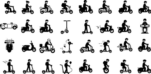 set of vector set of Scooter icon, Electric scooter icons. Man Riding a Scooter to Work. Scooter Riding Icons, Two wheeled vehicles and riders icon set.

on white background