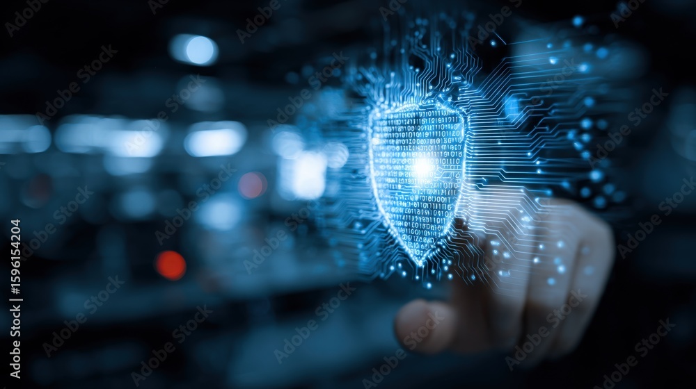 Poster highly detailed futuristic digital shield concept with cybersecurity and data protection elements in
