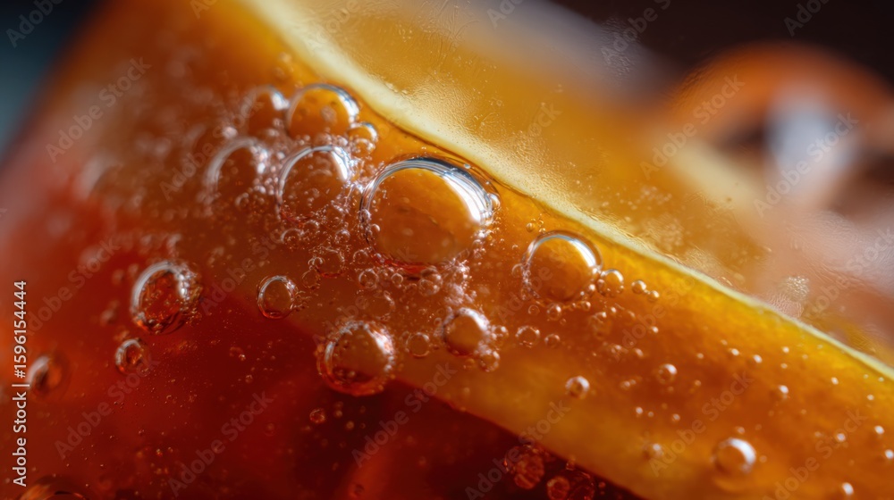 Poster close-up view of a carbonated beverage with ice and lemon wedge inducing bubbles and refreshing text